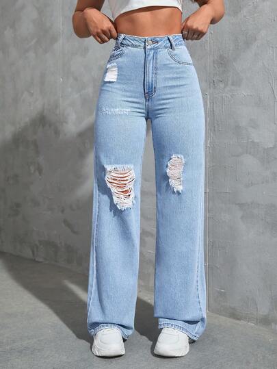 SHEIN Tall Women's Pocket Button Distressed Casual Versatile Daily Wear Denim Jeans