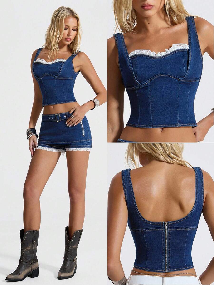 SHEIN Jeanoir Women's Lace Patchwork Fitted Cropped Denim Overall Tank Top - Blue - View 1