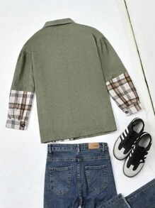 SHEIN LUNE Jaqueta feminina casual xadrez patchwork com botões na frente e manga comprida - Verde Azeitona - Ver 2