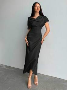 Aloruh Women's Spring & Summer Commute Everyday Draped Collar Ruched Design Dress,Wedding Guest Dress,Elegant Dresses For Women,Fall Wedding Guest Dress - Black - View 3