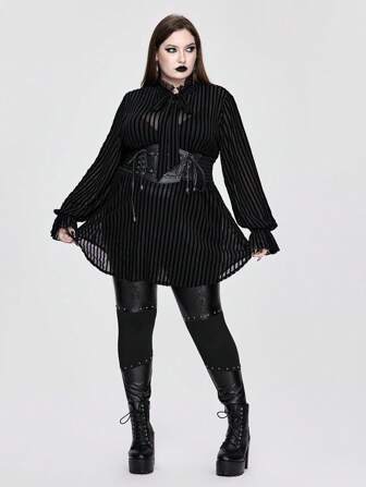 Goth Plus Size Gothic Palace-Style Striped Sheer Loose Blouse