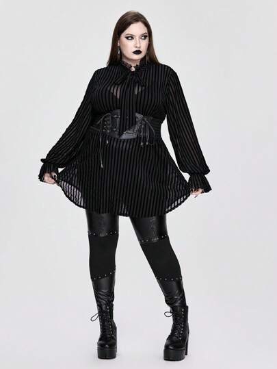 Plus Size Gothic Palace-Style Striped Sheer Loose Blouse