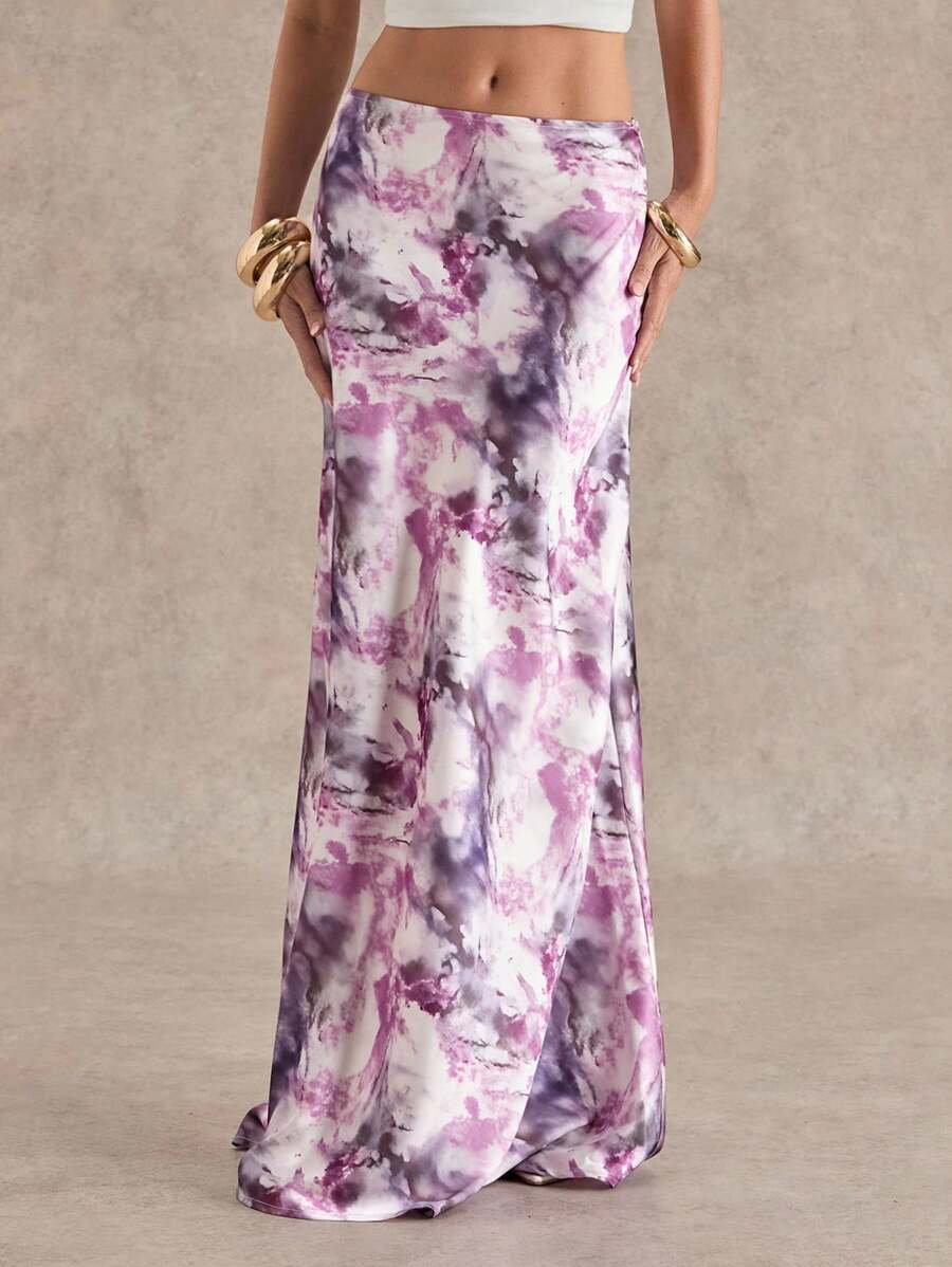 Glamine Women Elegant Versatile Maxi Skirt With Tie Dye Print Satin Women - Purple - View 1