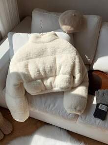 SHEIN 少女纯色米色休闲仿羊羔绒短款羽绒服，适合秋冬季节穿着，纯色米色抓绒短款加厚外套，适合返校、开幕式、日常穿着、上学、旅行、运动、圣诞节等场合，米色系，秋冬季 - 米色 - 查看 8