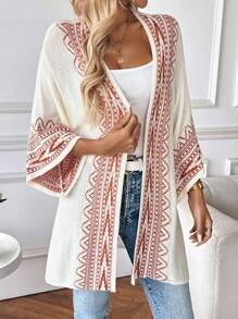 SHEIN Tall 女式条纹落肩宽松轻便开衫 - 卡其色 - 查看 4