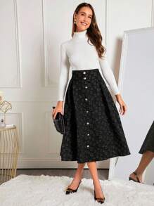 SHEIN Clasi 花卉圖案提花前紐扣喇叭半身裙 - 黑色 - 查看 7