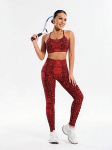 Gameset SHEIN Sport Set 2 buc. Ținută sport fără mâneci, cu imprimeu de piele de șarpe, model sport, talie înaltă, pentru ridicarea feselor
