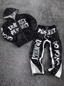 PAVTROS Manfinity Streetrush Men's Letter Print Long Sleeve Zip Front Hoodie And Sweatpants Casual Tracksuit Set Men Streetwear Set Men Graphic Tracksuit Men Black And White Tracksuit Zip Up Hoodie And Jogger Set Men 2 Pieces Set,Fall Clothes