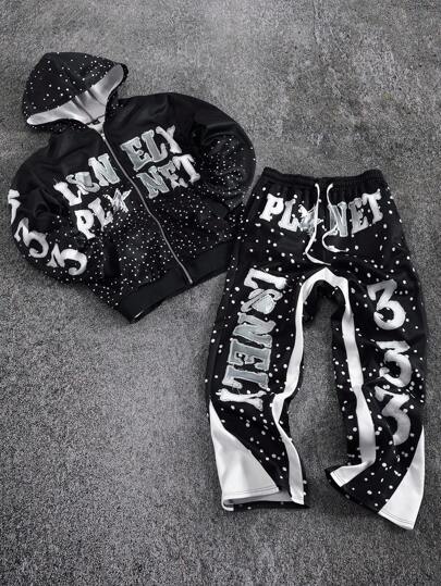 PAVTROS Manfinity Streetrush Men's Black And White Letter Print Long Sleeve Zip Up Hoodie And Jogger Set,Autumn Streetwear Holiday Back-To-School 2 Pieces