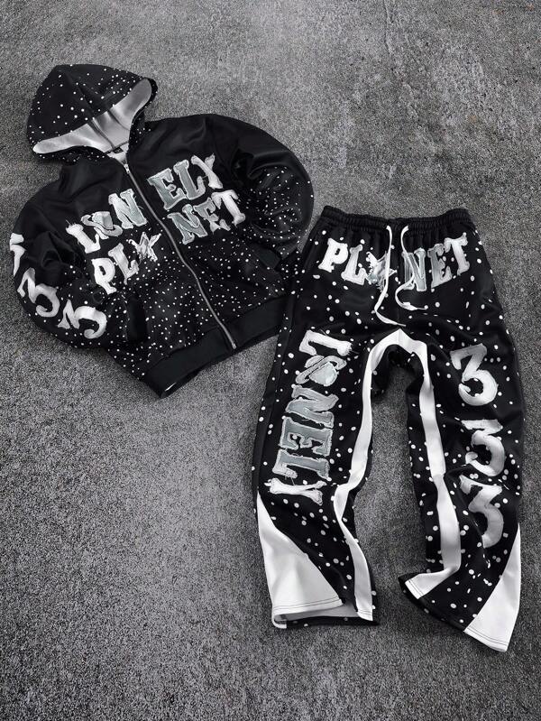 PAVTROS Conjunto de chándal casual de hombre con sudadera con capucha de cremallera y pantalón de chándal con estampado de letras, ropa de otoño