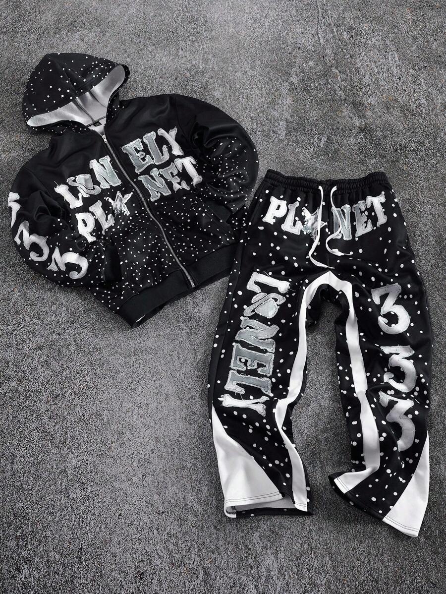PAVTROS Manfinity Streetrush Men's Letter Print Long Sleeve Zip Front Hoodie And Sweatpants Casual Tracksuit Set Men Streetwear Set Men Graphic Tracksuit Men Black And White Tracksuit Zip Up Hoodie And Jogger Set Men 2 Pieces Set,Fall Clothes