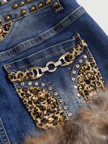 ROMWE Avant Chân váy denim ngắn đính đinh tán họa tiết da báo cổ điển rách nát - Màu xanh lam - Xem 4