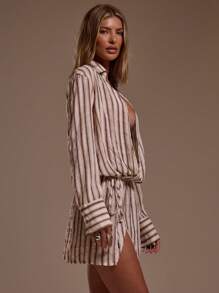 MUSERA 深V领条纹裹身迷你连衣裙，适合度假、性感海滩、浪漫优雅场合、生日、波西米亚风、拉菲草编发，秋季休闲连衣裙，夏季穿搭