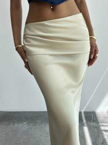 Firerie Women's Elegant Solid Satin Maxi Skirt,White Light Yellow Low-Waist Autumn Clothing,Versatile Minimalist Date & Work Attire,Beach,Party,Prom - Yellow - View 5