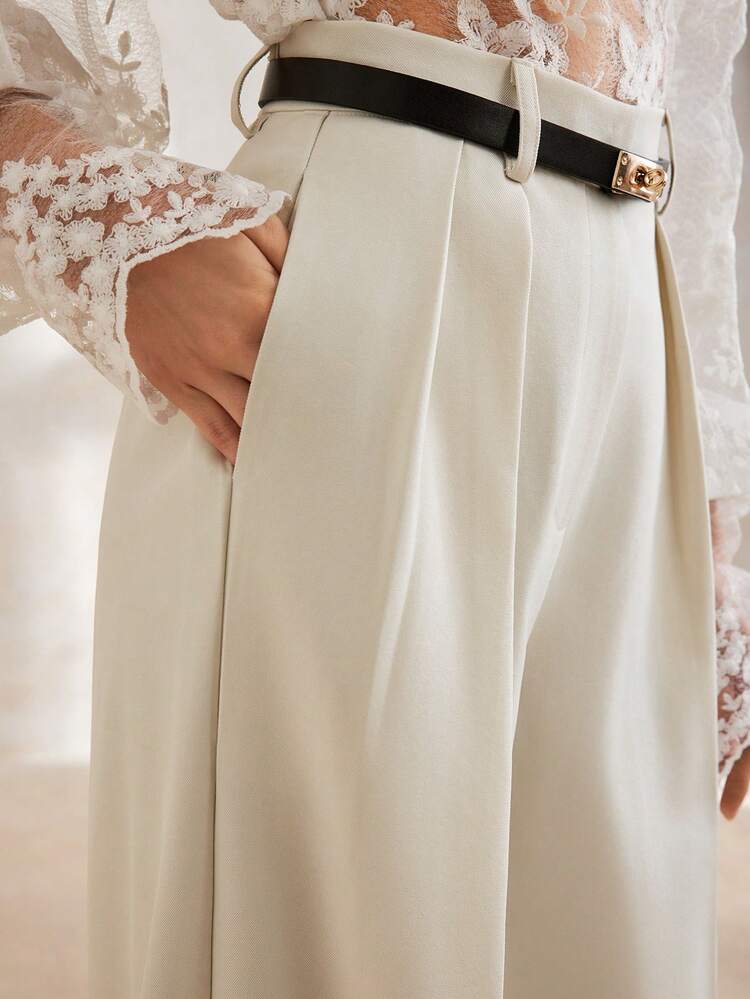 Spring New Apricot Wide Leg Pants, Fashionable, Elegant, Suitable For Commuting, With Black Belt