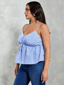 SHEIN Tall CURVE Conjuntos de verano para mujer de talla grande 2025: Top de tirantes azul con nudo delantero y lazo - y blusas informales de verano tipo baby doll - Azul - Ver 5
