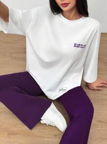 Mulvari 2pcs/Set Women Letter Print Round Neck Tee And Flared Pants, Casual Women's Summer Slogan Print Dropped Shoulder T-Shirt And Casual Pants 2pcs/Set, Casual Outfits Tracksuit 2 Pieces Lounge Set, Suitable For Walking/Sports/Back To School & Everyday Casual Wear Contains Cotton, Quick Sweat Absorption