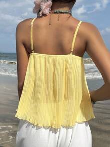 CovetEZ Women's Beach Seaside Sweet Clean Girl Cream Yellow Pure Sequins Sequins Splicing Lace Chiffon Pleated Cami Top, Fashionable And Comfortable Summer Babydoll Top, Going Out