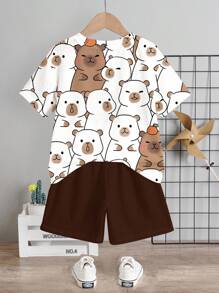 SHEIN 2 件套男童休闲简约短袖 T 恤和短裤套装，夏季 - 彩色 - 查看 3