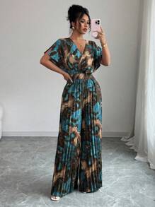 Elenzga Women's Elegant Floral Print Pleated Jumpsuit For Commuting - Multicolor - View 5