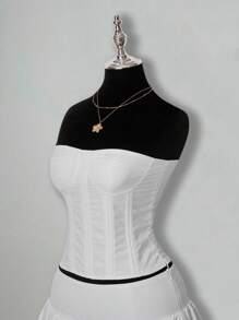 SHEIN ICON Going Out White Solid Color Tight Bandeau Top And Pleated Mini Skirt Casual 2 Pieces Set - White - View 6