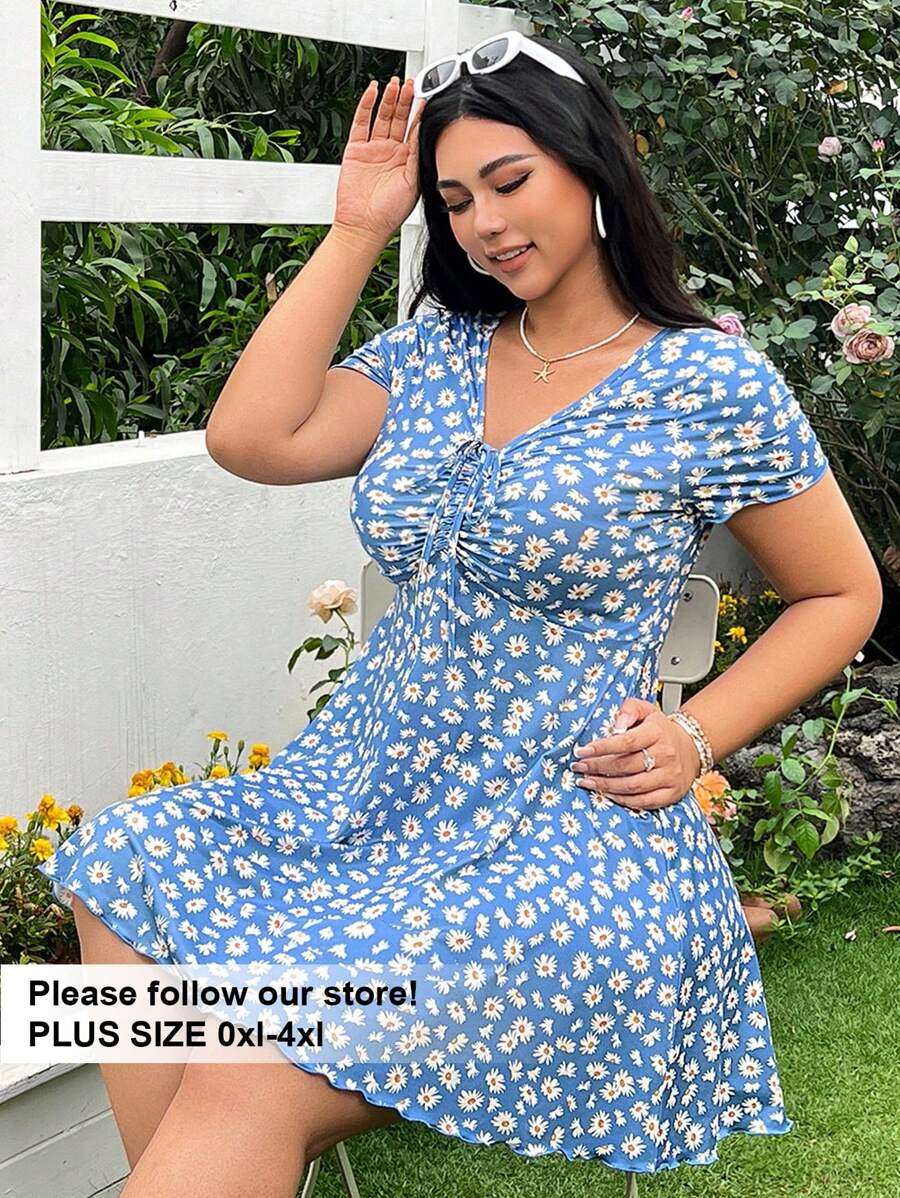SHEIN EZwear Plus Size Blue Ditsy Floral Dress, Fashionable For Summer - Multicolor - View 1