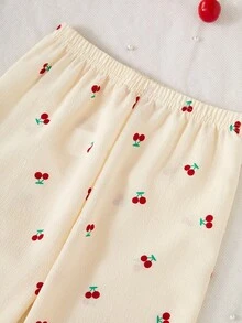 两件套可爱甜美樱桃印花长袖开衫和长裤，休闲舒适少女家居服樱桃睡衣套装，秋冬款 - 杏色 - 查看 7