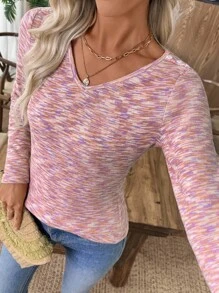 EMERY ROSE maglietta versatile casual da donna con scollo a V e scollatura lunga - Rosa antico - Visualizzare 8