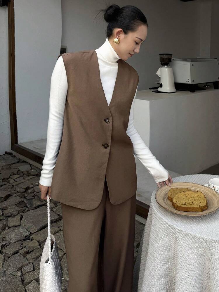Women's Solid Color Single-Breasted Sleeveless Jacket And Pants Casual 2 Pieces Set