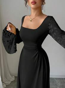 Selianne 新季法式黄色长袖方领女装，修身剪裁设计，优雅精致的提花网眼长袖连衣裙