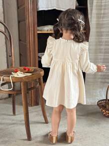 LMoss Kids LMoss  Baby Girl Woven Solid Color Embroidered Ruffle Sleeve Dress With Crossbody Bag - Beige - View 2