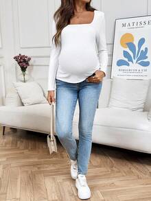 SHEIN 孕妇纯色方领长袖罗纹修身休闲T恤 - 白色 - 查看 4
