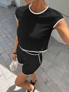 Siren Gaze Women's Summer Solid Color Contrast Trim Shorts Set, Linen Ladies 2 Pieces Outfit Black Black
