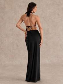 Glamine 2 pièces Ensembles de couleur noire Sexy Découpe Dos Nu Maxi Jupe Sets, Ensemble de Club, Vêtements de Rentrée Scolaire, Vêtements d'Automne, Ensemble de Concert, Streetwear, Ensemble pour Soirée, Ensemble d'Anniversaire pour Femme, Ensemble pour Sortie - Noir - Voir 2