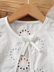 SHEIN 女童优雅白色镂空花卉面料圆领单扣耸肩夹克，秋季 - 粉色 - 查看 4