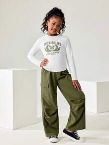 JNSQ Tween Girls 2pcs Outfit Set, Long Sleeve T-Shirt With Graphic Print And Relaxed Fit Cargo Pants, Suitable For Autumn/Winter Daily Wear, Outdoor Activities, Vacation, Streetwear, Party And Casual - Multicolor - View 3