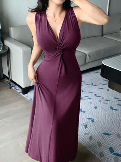 DAZY Minimalist Solid Color Twist Knit Design Fitted Sleeveless Long Dress Women Loungewear Pajama