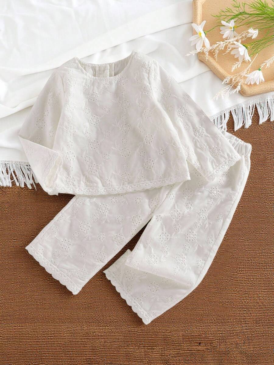 SHEIN 2件套女婴春秋休闲风格套装花朵刺绣长袖上衣和长裤 - 白色 - 查看 1