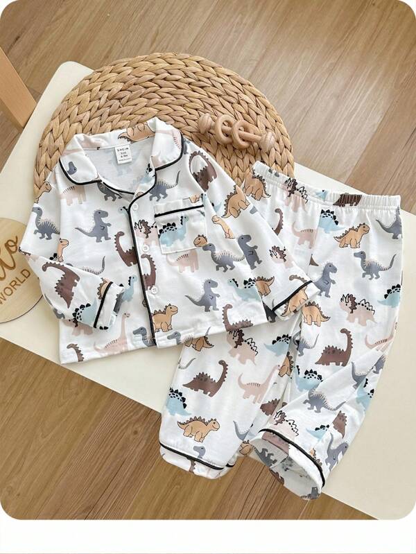 2pcs/Set Baby Boy Cartoon Dinosaur Pattern Lapel Long Sleeve Pocket Shirt And Straight Leg Pants Knitted Comfy Casual Loose Pajamas Set