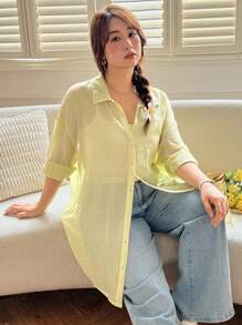 SHEIN LUNE 冬季纹理休闲大码纯色夏季长袖衬衫乡村音乐会复古教师奶油黄色上衣秋季返校工作/办公室商务休闲女士返校秋季返校节