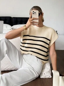SHEIN Frenchy 女士条纹圆领短袖宽松针织上衣，优雅通勤秋季女装，金属装饰，返校季教师夏季必备 - 杏色 - 查看 6