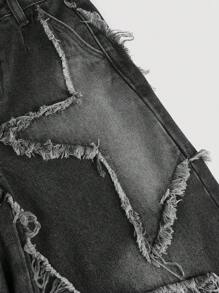 SHEIN Girlism 少女Y2K复古水洗星形图案拼接印花牛仔七分裤，带腰带环，毛边裤脚，宽松休闲长款短裤，适合日常穿着、上学、街头风、青少年穿搭，兼具美学、颓废和星形印花元素，是秋冬季的理想之选。