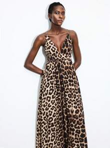 Maija 豹纹 V 领束腰超大裙摆长裙，动物图案无袖飘逸连衣裙，秋冬女士夜间外出装 - 黃色 - 查看 5