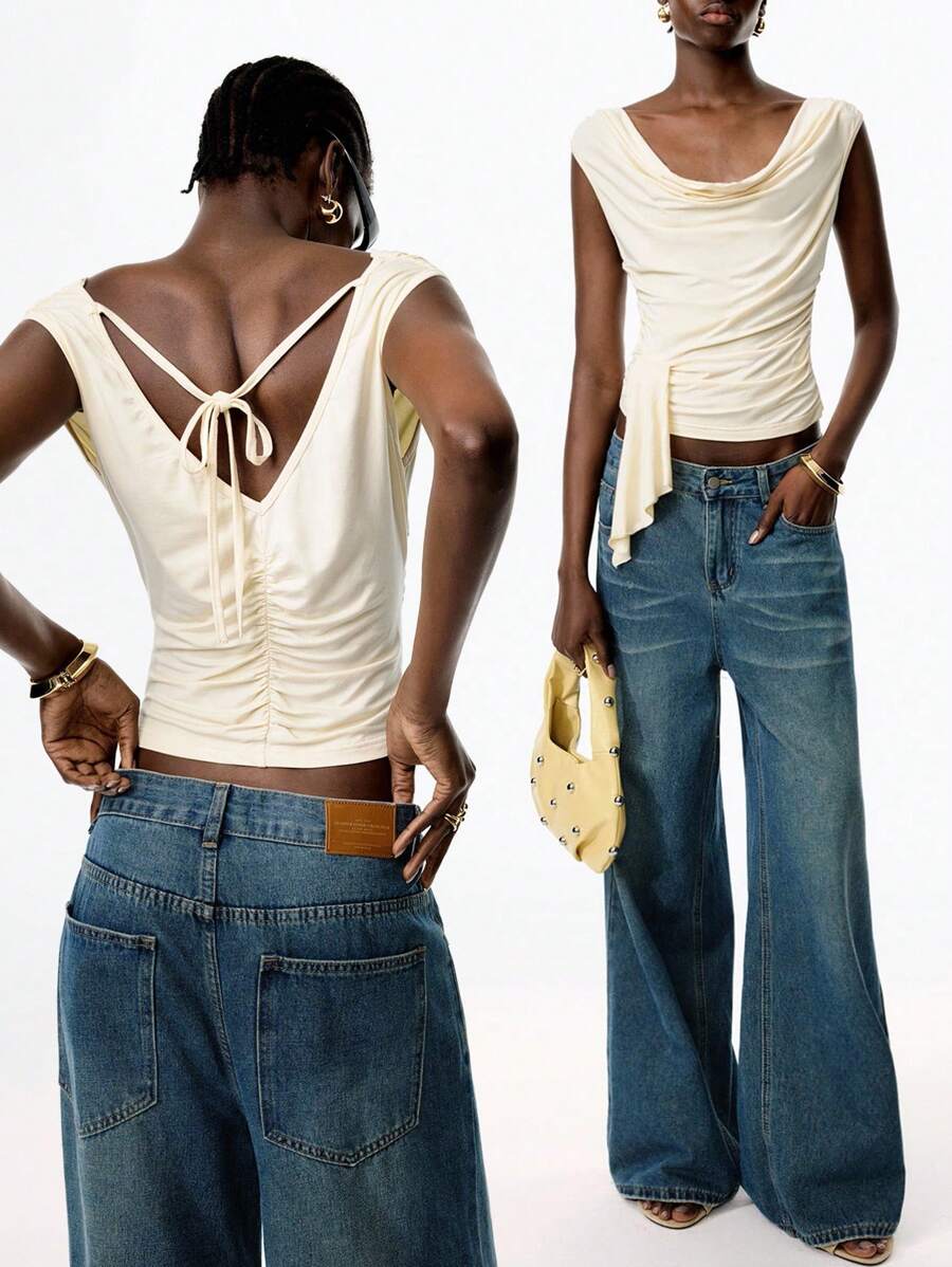 LYSMO 2025 Women's Backless Tie Back Ruched Drape Neck Cropped Top,Solid Color Waist-Fitted,Youthful Casual Summer Elegant Party Night Beige Light Yellow - Beige - View 1