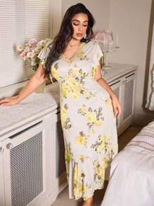 SHEIN Romantic-Flora Elegant Plus Size Summer Sleep Dress With V-Neck And Flounce Sleeves In Floral Print - Yellow - View 5