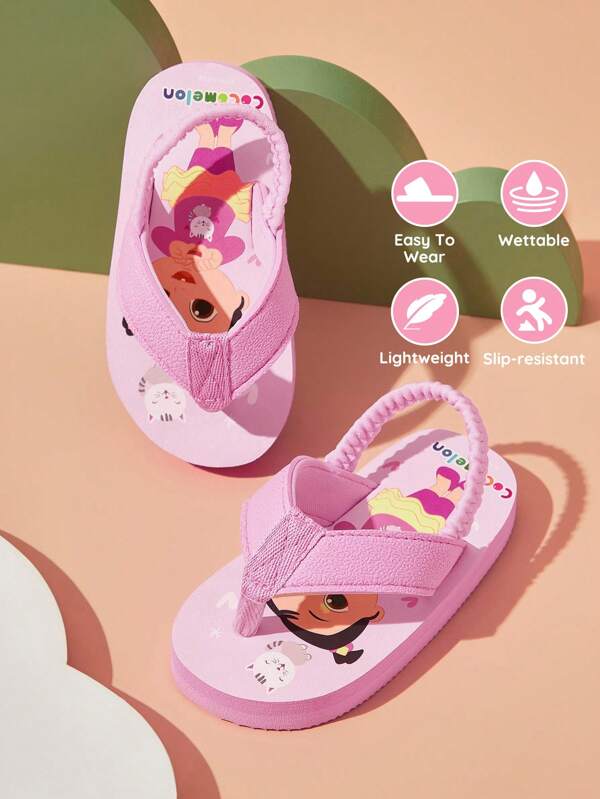 CoComelon X SHEIN Cute Cartoon Pink Baby Girls' Flip Flops, EVA Material Lightweight, Suitable For Outdoor Or Beach Use