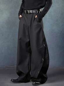 PAVTROS Manfinity Streetrush 男士黑色长裤，小众金属环拼接设计筒腿宽松休闲裤，黑色宽松男士哥特裤，男士Tripp裤，Emo裤，Y2K男士长裤，男友礼物，街头男装，秋季款 - 黑色 - 查看 3