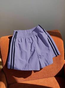 Comfortcana 女士紫色侧条纹松紧腰宽松休闲运动短裤 - 紫色 - 查看 6