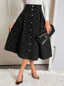 SHEIN Clasi 花卉圖案提花前紐扣喇叭半身裙 - 黑色 - 查看 5