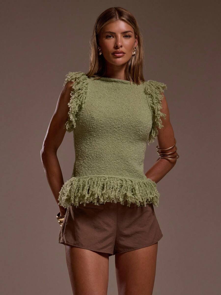 MUSERA 斜领针织流苏下摆修身上衣，适合度假、性感、海滩、浪漫、优雅场合、生日、波西米亚风、工作、冬季、派对、时尚、春季、夏季穿着。 - 橄欖綠 - 查看 1